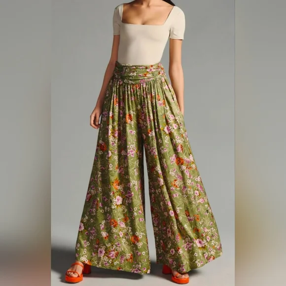 By Anthropologie Wide-Leg Pants Floral Print Olive Green Size 6 Inseam 30" - Picture 1 of 11